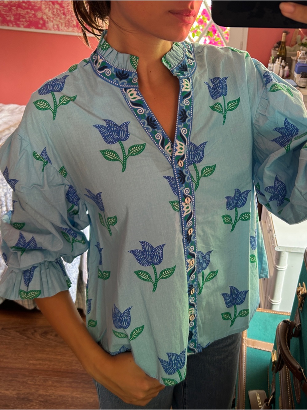 Button-Down Floral Cotton Blouse in Light Blue